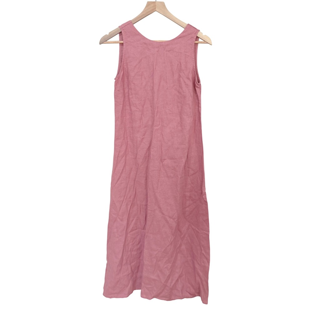 Mus & Bombon Linen Midi Dress XS Pink V-Neck Sleeveless Shift Made in Spain